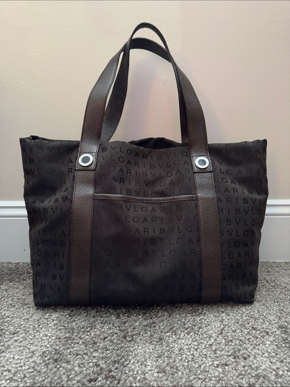 Bvlgari Dark Brown Logo Duffel Tote